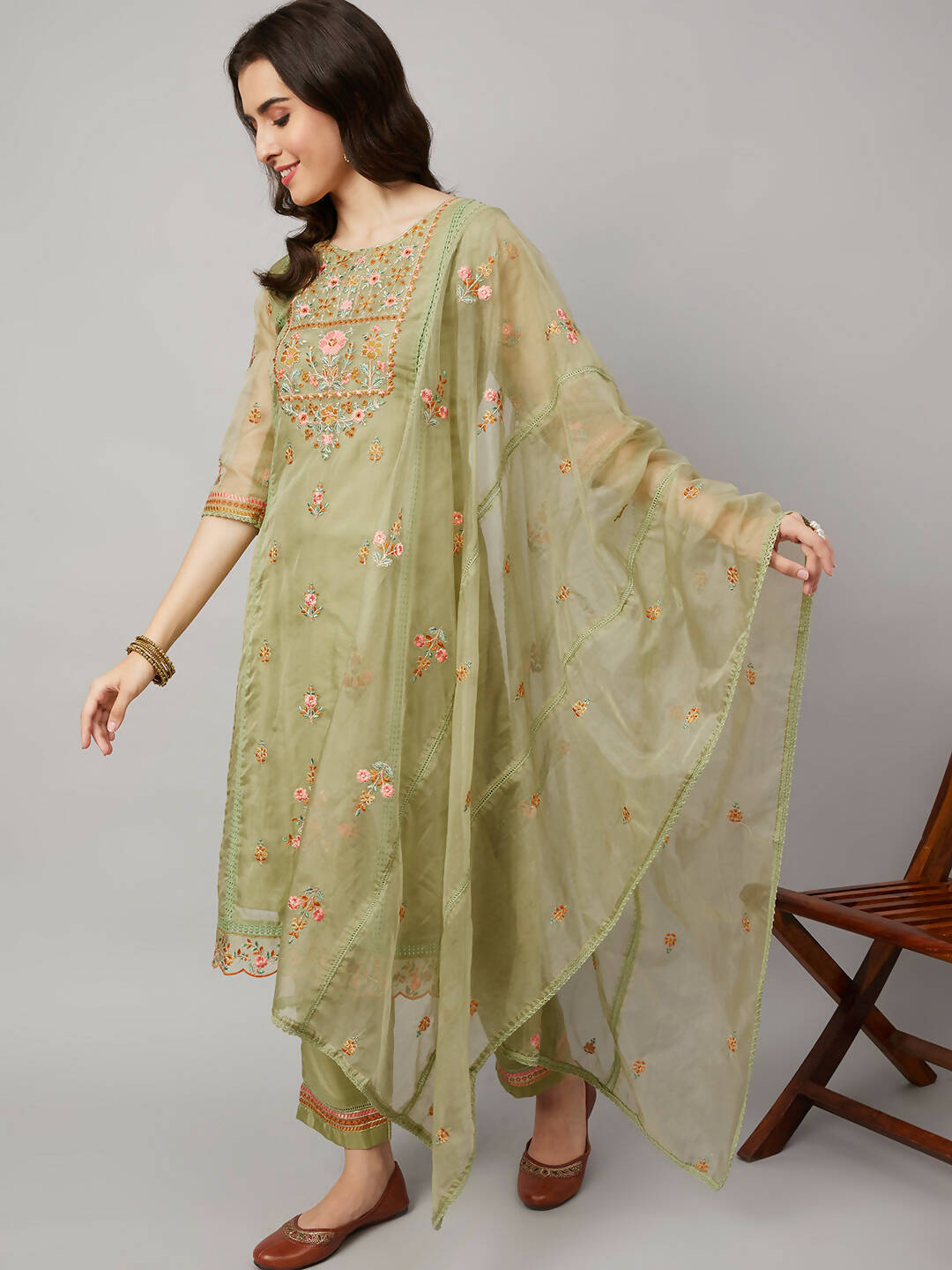 Green Organza Embroidered Kurta with Bottom & Dupatta - Salimar | Grocsy