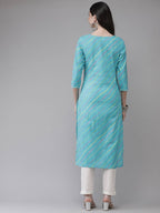 Yufta Women Turquoise Blue & Multicoloured Leheriya Printed Gotta Patti Kurta | Grocsy