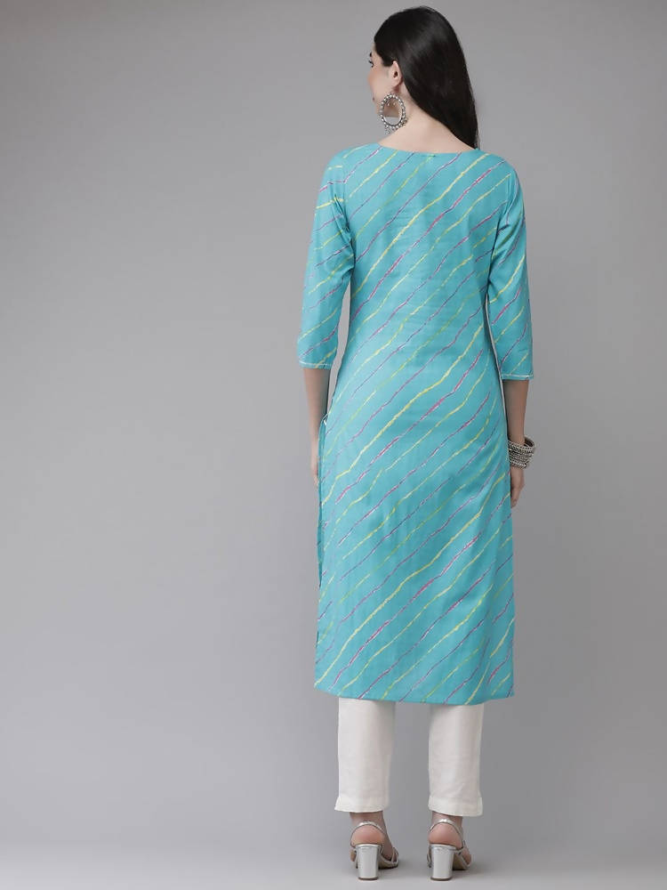 Yufta Women Turquoise Blue & Multicoloured Leheriya Printed Gotta Patti Kurta | Grocsy