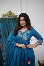 The52 Petrol Women's Beautiful Parampara Fabric Embroidered Work Flared Kurta Pant and Dupatta Set | Grocsy