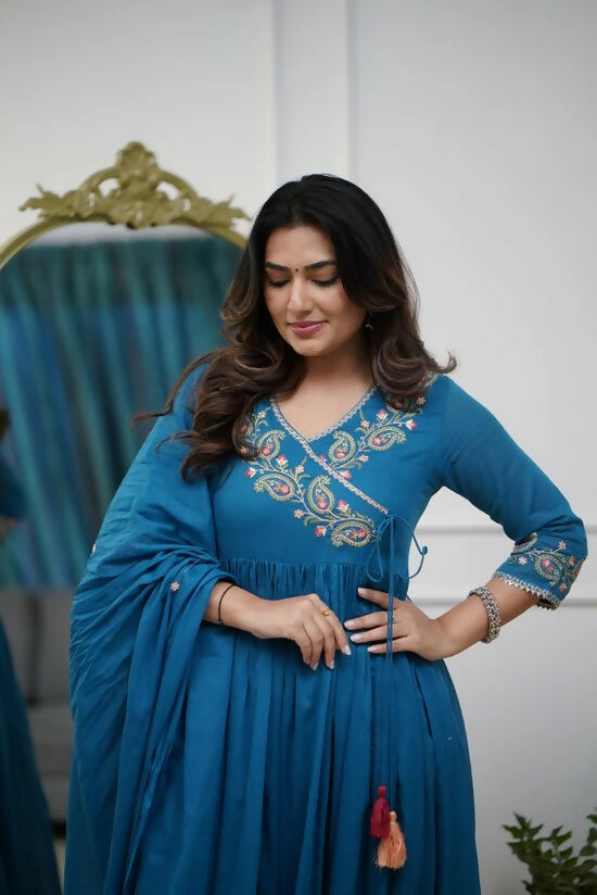 The52 Petrol Women's Beautiful Parampara Fabric Embroidered Work Flared Kurta Pant and Dupatta Set | Grocsy