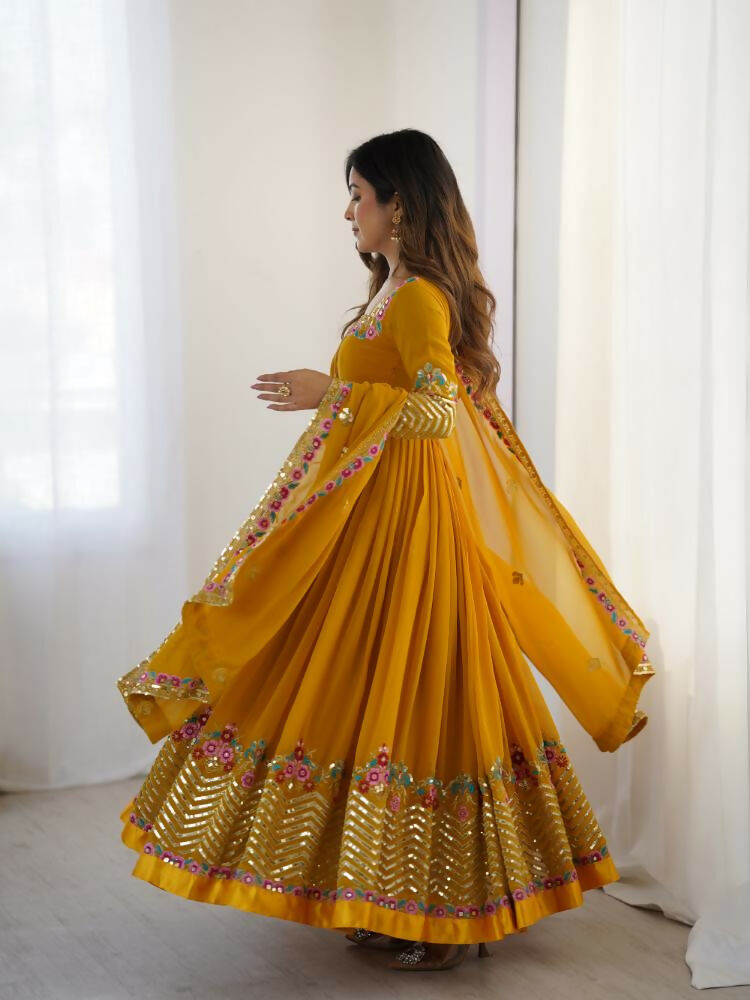 Joban Fashion Mustard Georgette Sequence Embroidery Work Readymade Kurta Set | Grocsy