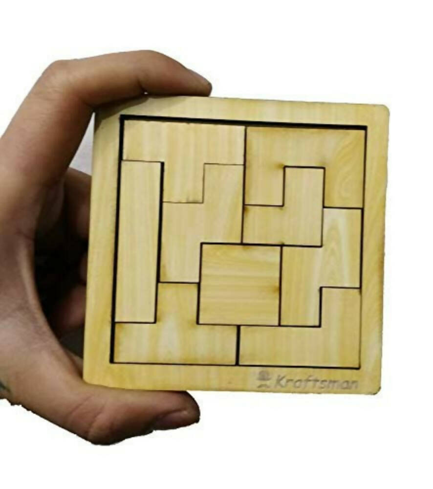 Kraftsman Portable Wooden Tetris Puzzle | 9 Pieces Puzzle 6x6 Board for Kids and Adults | Travel Pouch Included | Grocsy