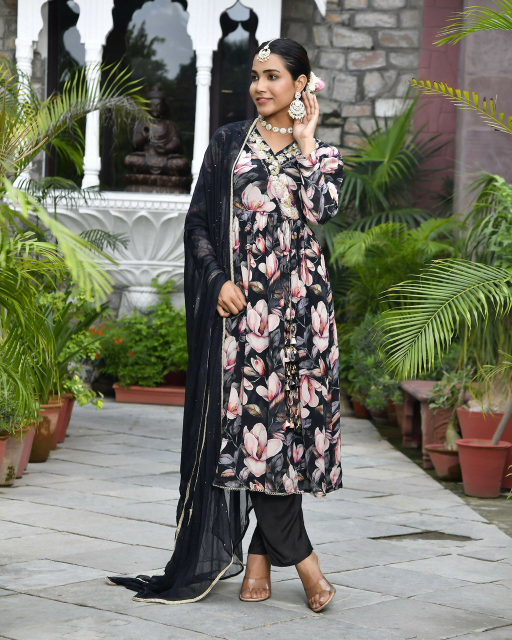 Vaasva Women's Chinon Emboidered Angrakha Anarkali Set With Solid Pant & Solid Embroidered Dupatta | Grocsy