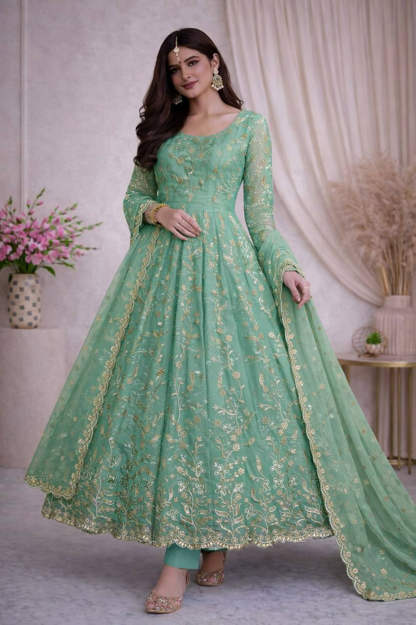 Teeya Creation Teal Color Faux Georgette Long Party Wear Gown | Grocsy