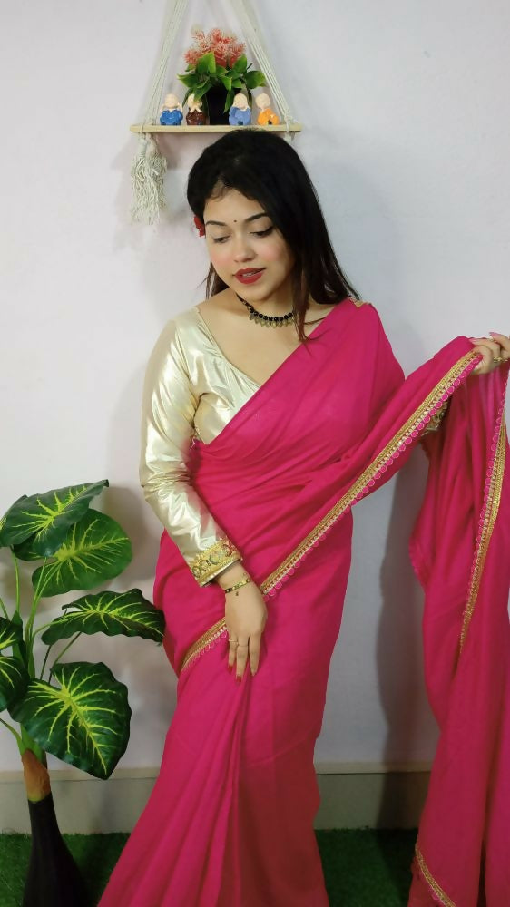 Exclusive Collection Beautiful Khadi Cotton Handloom Saree With Beautiful Zari Border - Pink | Grocsy