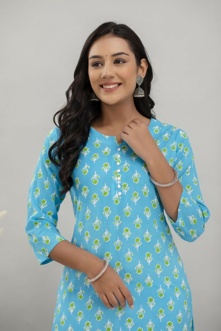 Alvano Printed Straight Kurta for Women and Girls Rayon (Lightblue) | Grocsy