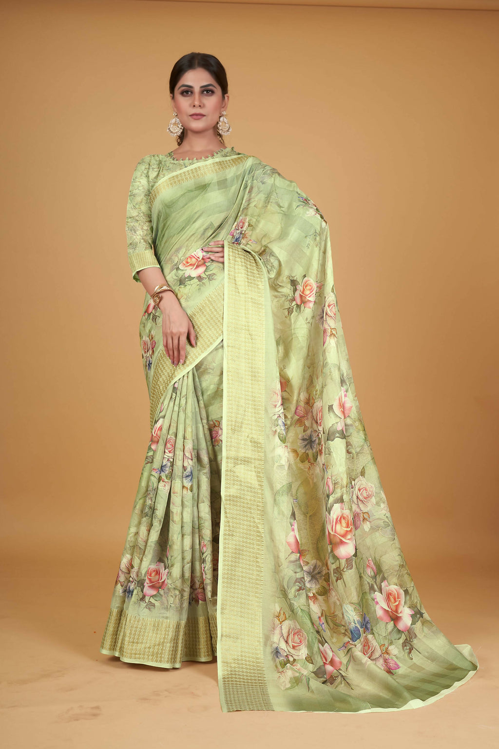 Green Cotton Silk Digital Printed Saree With Unstitched Blouse Piece - Alisha | Grocsy