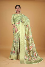 Green Cotton Silk Digital Printed Saree With Unstitched Blouse Piece - Alisha | Grocsy