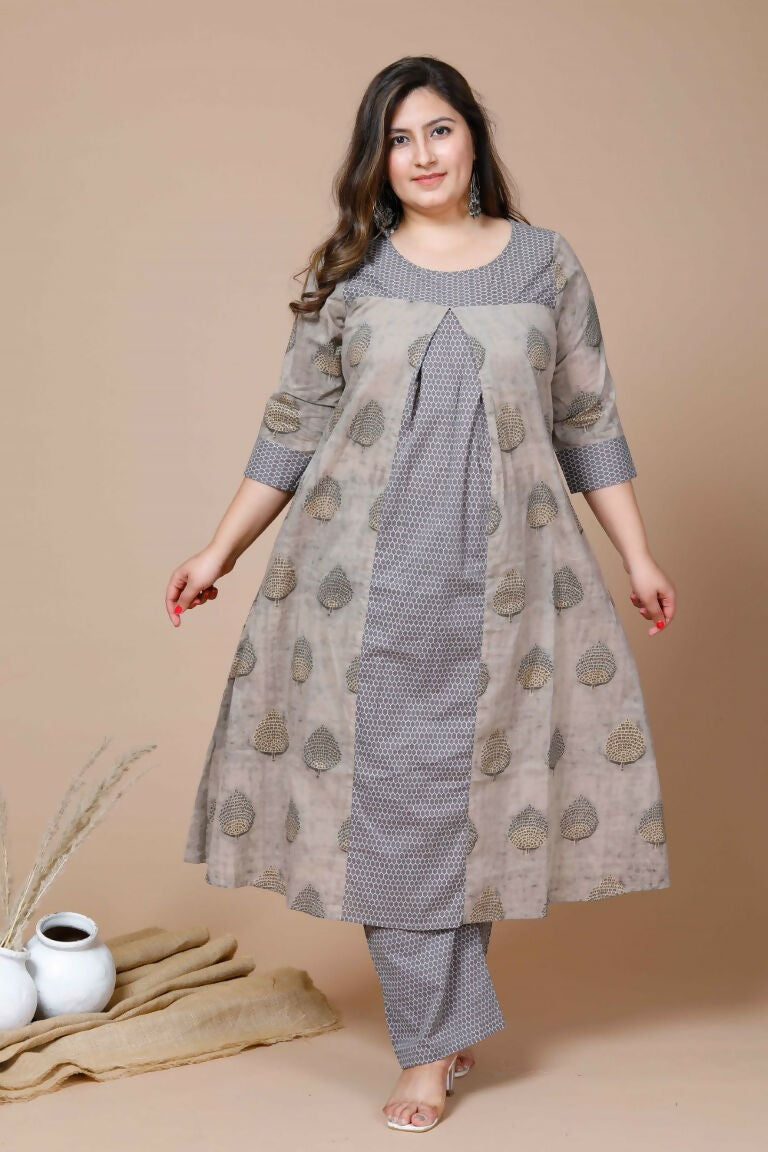 Miravan Women's Plus Size Beige Floral Printed Pure Cotton A-Line Kurta With Palazzo | Grocsy