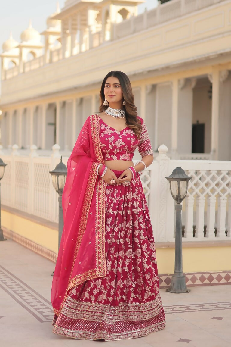Vastranavya Designer Dyeable Pure Viscose Jacquard Fabric Lehenga Choli & Dupatta Set - Pink | Grocsy