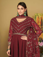 Jyoti Fashion Women's Maroon Georgette Embroidered Anarkali Kurta Pant Set With Dupatta | Grocsy