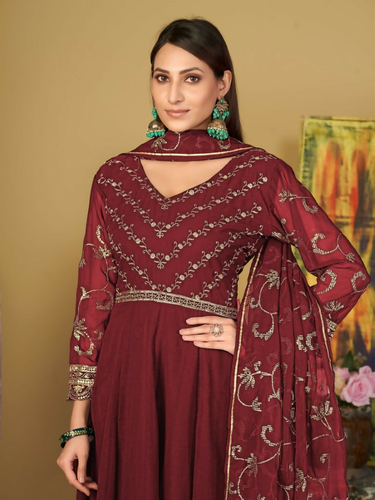 Jyoti Fashion Women's Maroon Georgette Embroidered Anarkali Kurta Pant Set With Dupatta | Grocsy