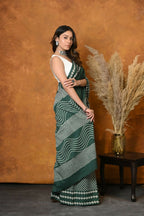 Very Much Indian Handblock Printed Cotton Saree With Natural Dyes - Leaf Green | Grocsy