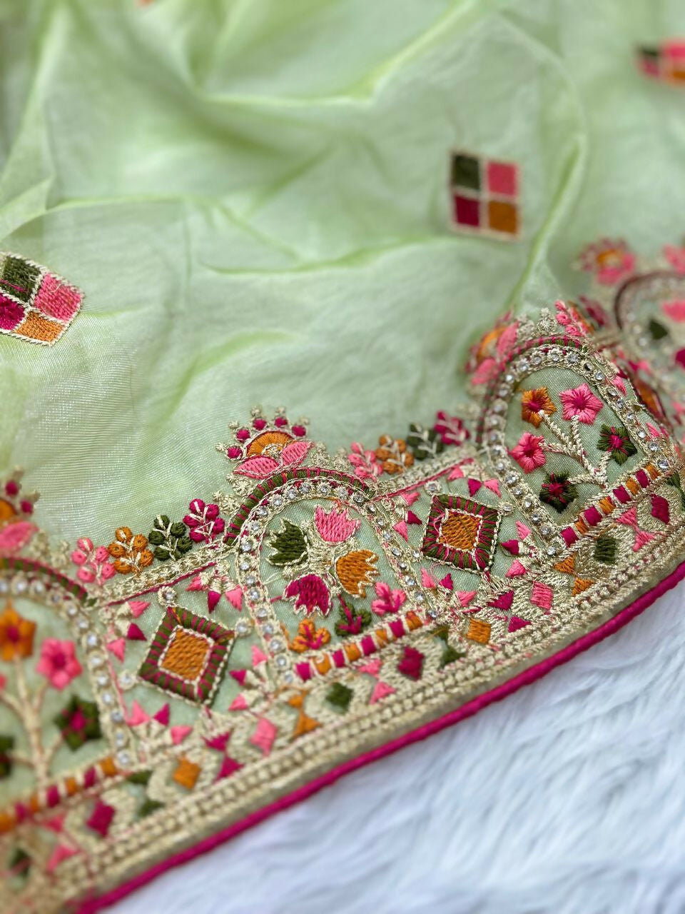 Vastranavya Twill Net Designer Embroidery & Colour Thread & Diamond work Saree with Blouse Material - Mint Green | Grocsy