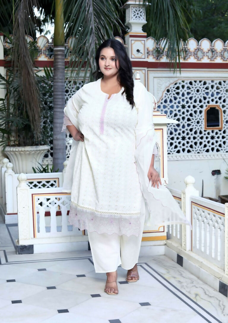 Miravan Women's Plus Size Organza Cotton Chikankari Embroidered With Purple Sequence work Jaipuri Suit Set | Grocsy