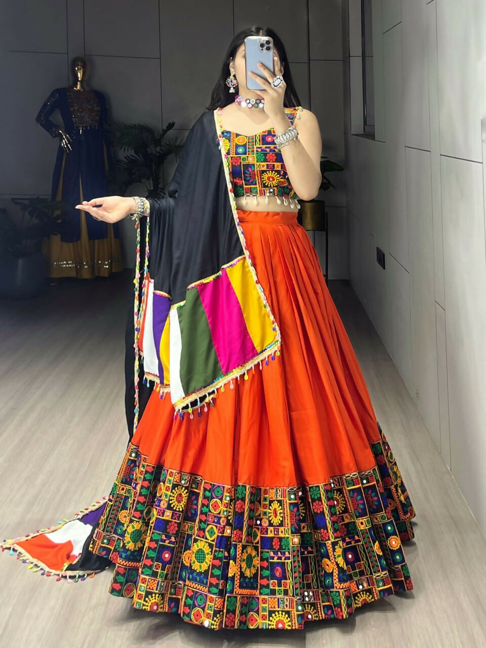 Yash Enterprise Orange Rayon Cotton Embroidery Semi Stitched Navratri Chaniya Choli | Grocsy