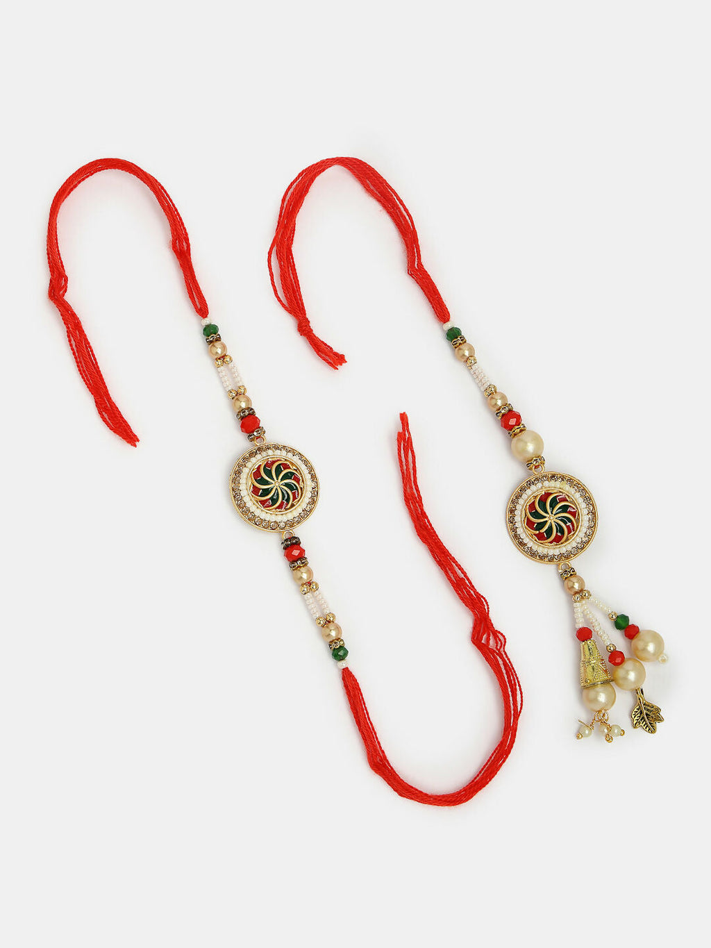 NVR Women & Men Set of 2 Gold-Toned Stone-Studded & Beaded Bhaiya Bhabi Rakhi With Roli Chawal | Grocsy