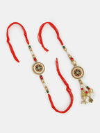 NVR Women & Men Set of 2 Gold-Toned Stone-Studded & Beaded Bhaiya Bhabi Rakhi With Roli Chawal | Grocsy