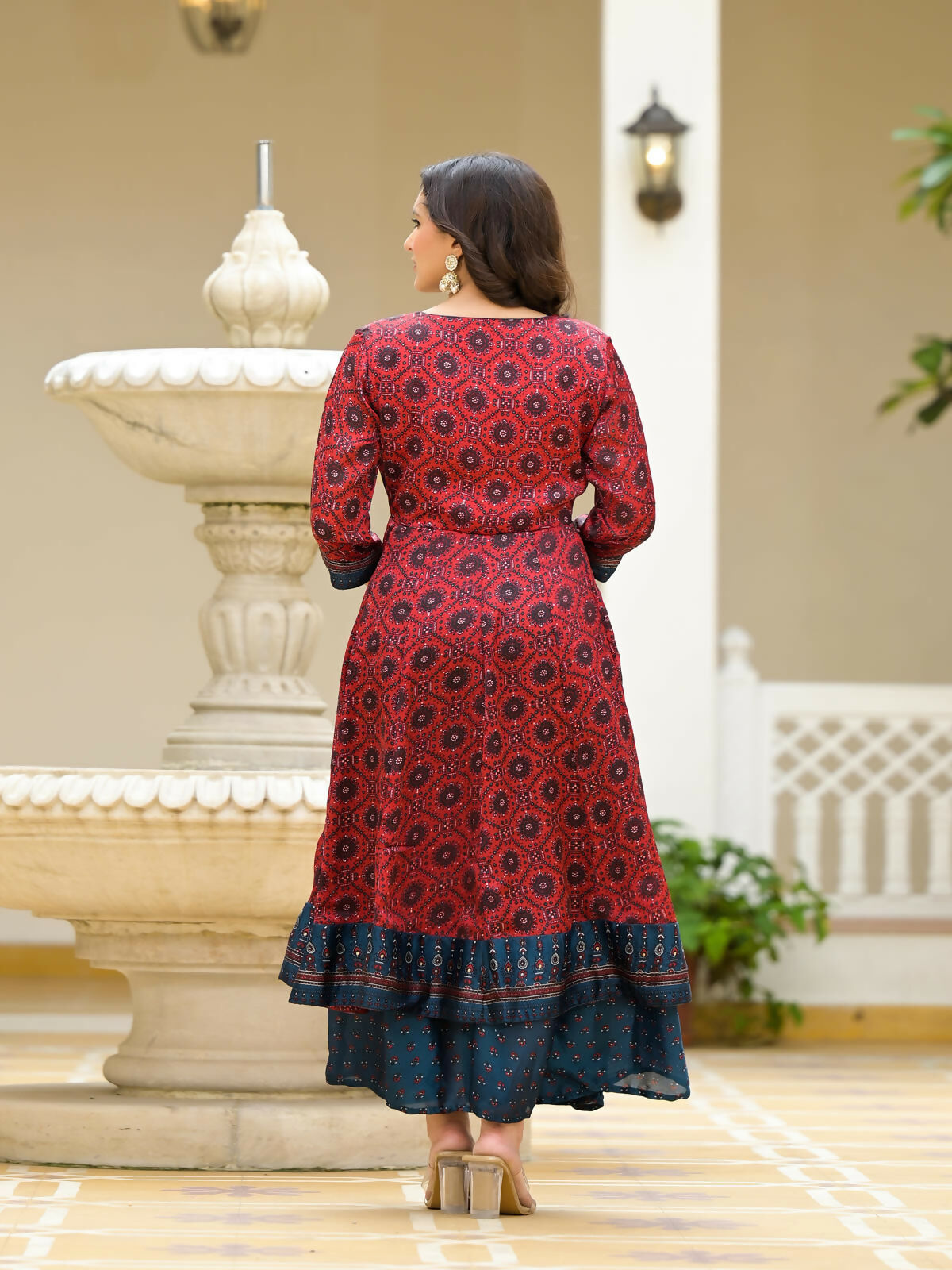 Juniper Women's Red Ethnic Motif Printed Cotton Maxi Dress With Button | Grocsy