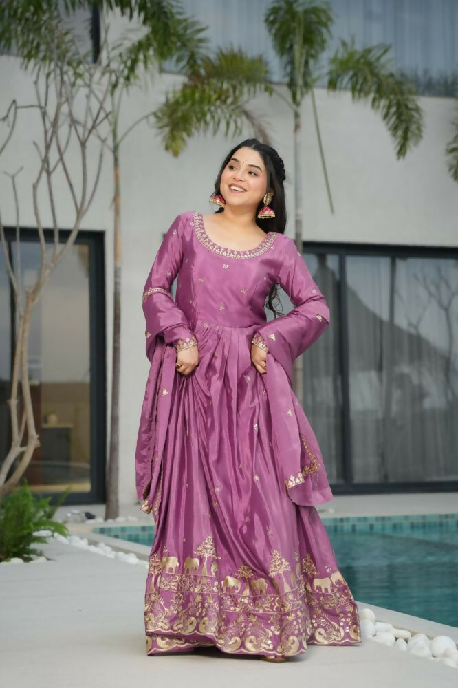 Vastranavya Lavender Chinnon with Embroidery Zari Sequins Work Gown | Grocsy