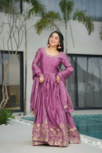 Vastranavya Lavender Chinnon with Embroidery Zari Sequins Work Gown | Grocsy