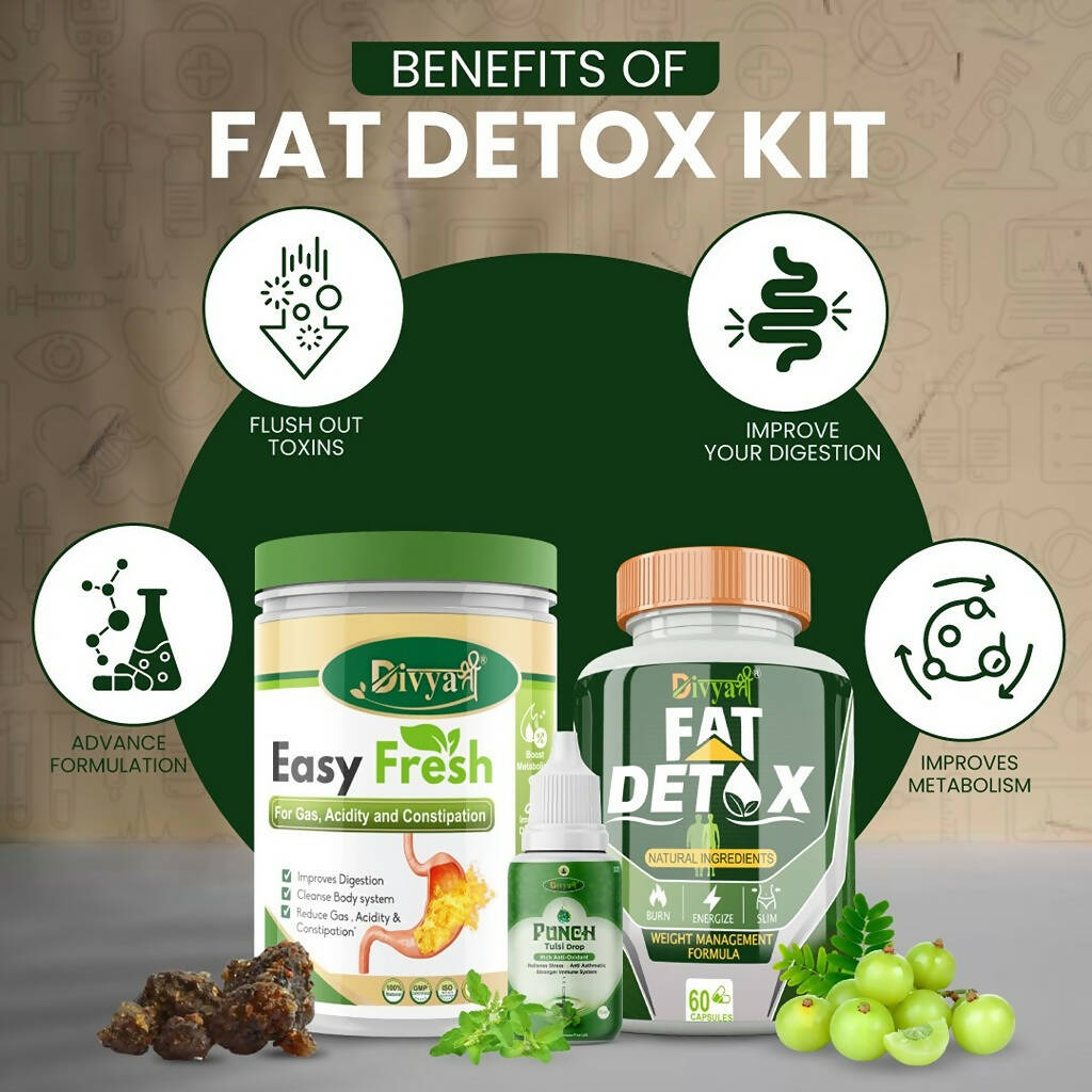 Divya Shree Fat Detox Capsule + Easy Fresh Powder & Punch Tulsi Drop Gas Combo Kit | Grocsy