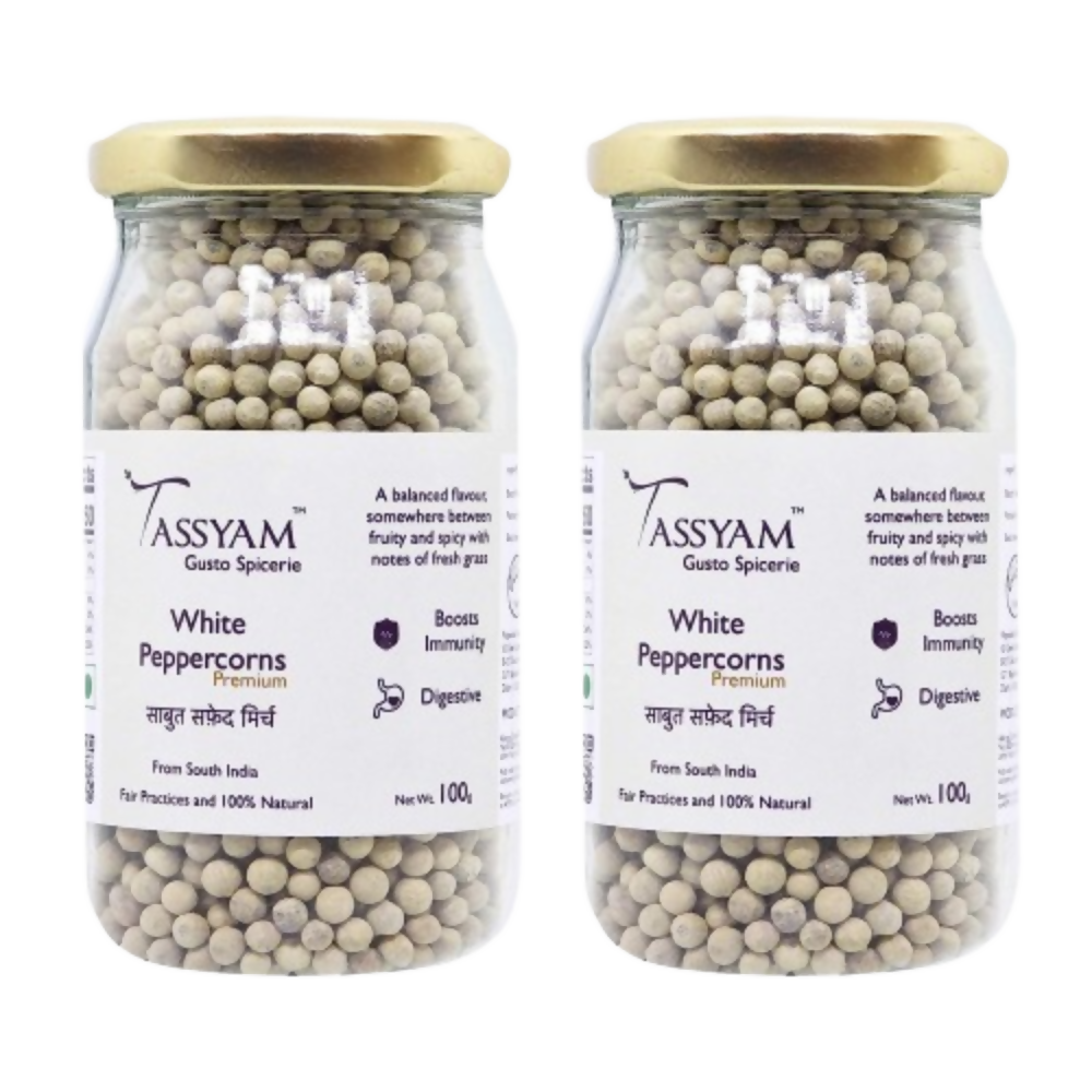 Tassyam Organics White Peppercorns | Grocsy