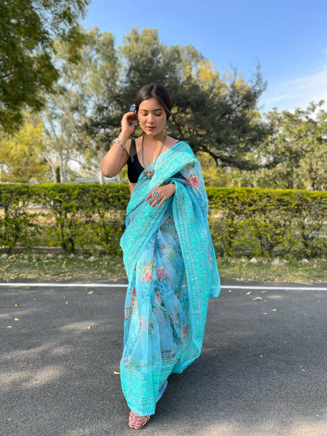 Vamsee Sky Blue Organza Saree | Grocsy
