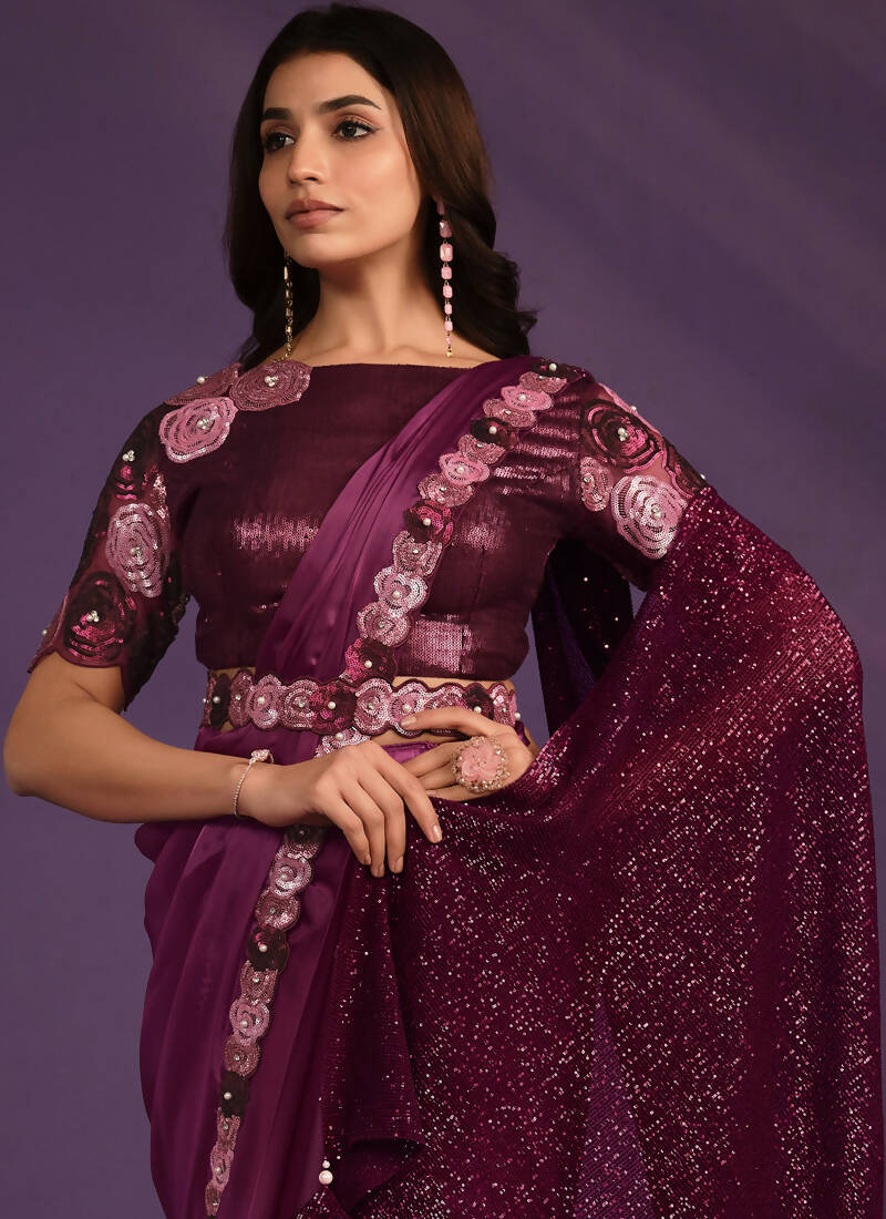 Purple Crepe Satin Silk Embroidered Saree With Stitched Blouse - Mohmanthan Exotica | Grocsy