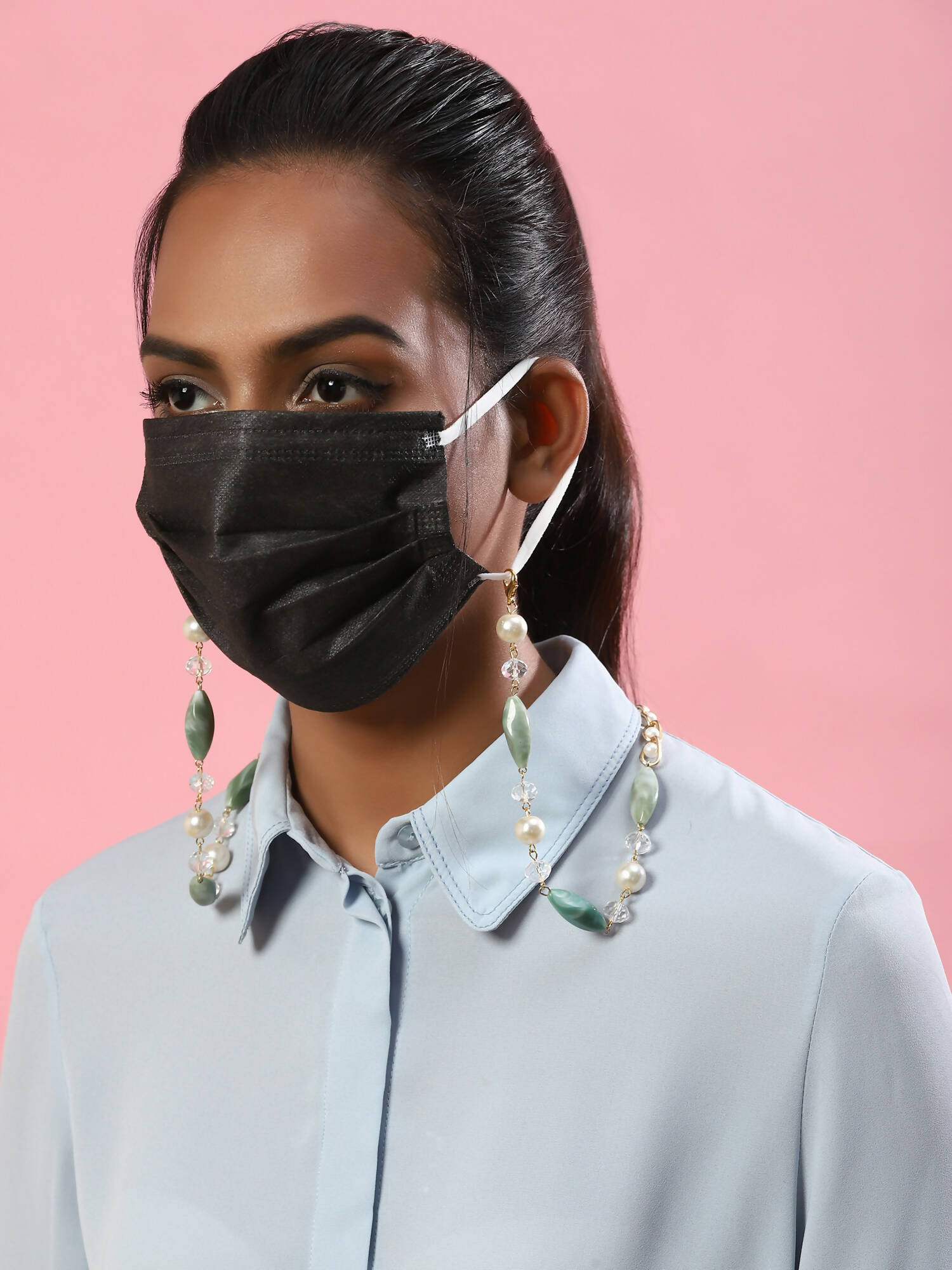 Gold-Toned Green Beaded Mask Chain - Ruby Raang | Grocsy
