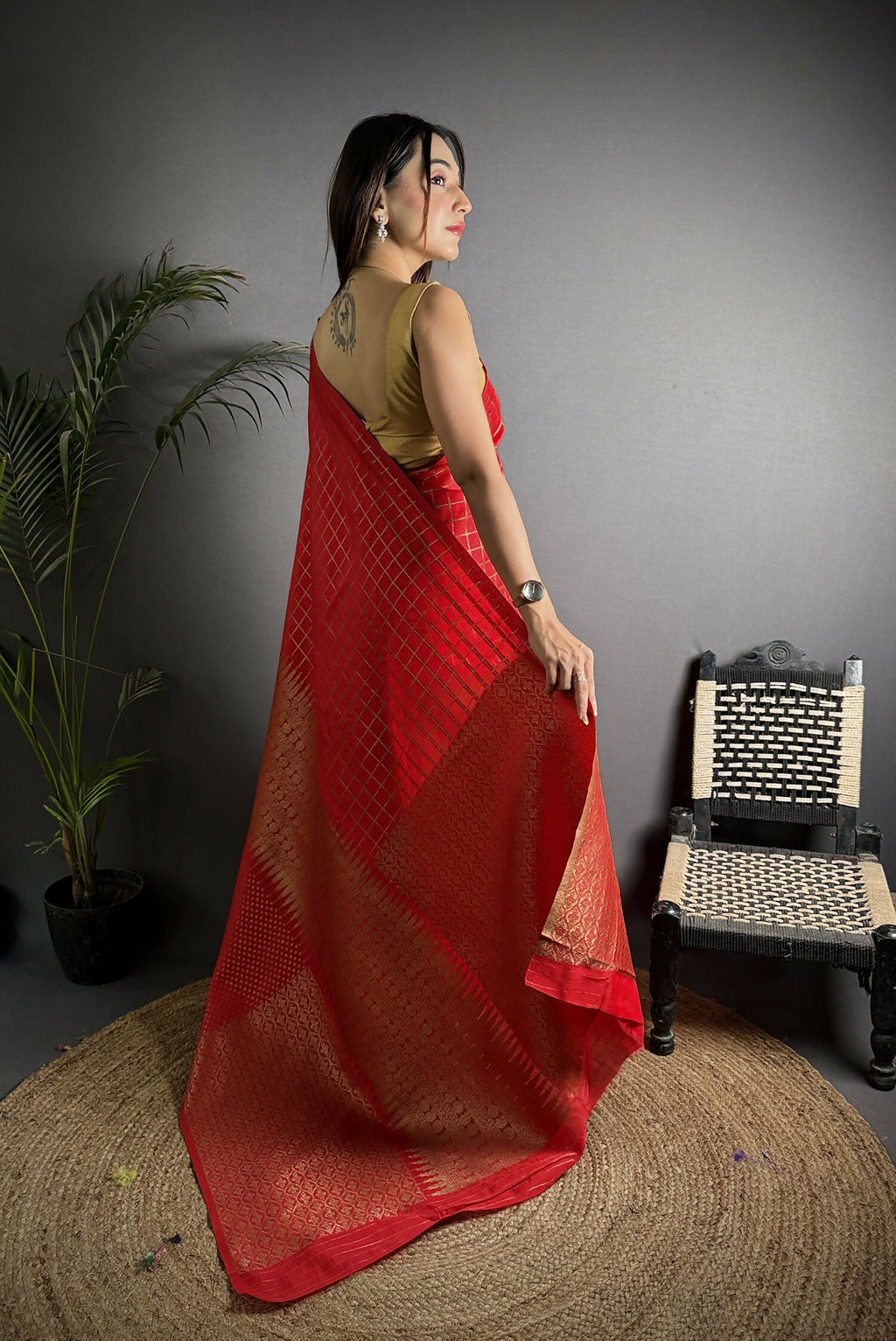 Joban Fashion Red Banarasi Soft Lichi Silk Checks & Woven Saree | Grocsy