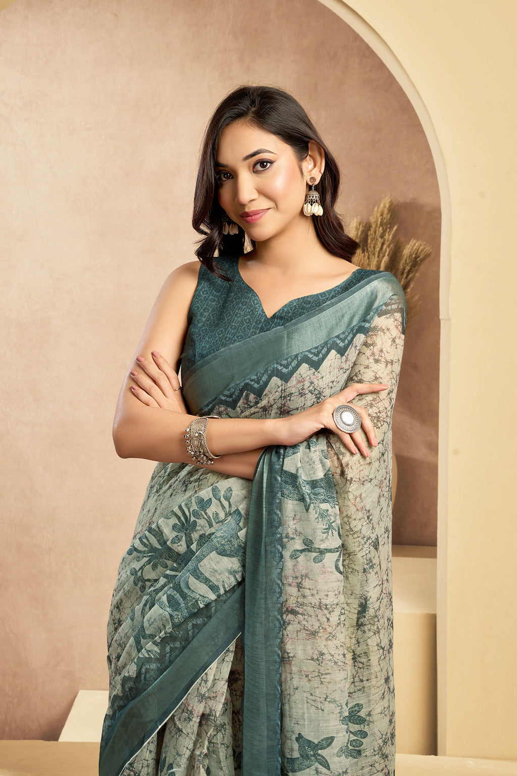 Vastranavya Digital Printed Linen Ready To Wear Designer Saree with Unstitched Blouse | Grocsy