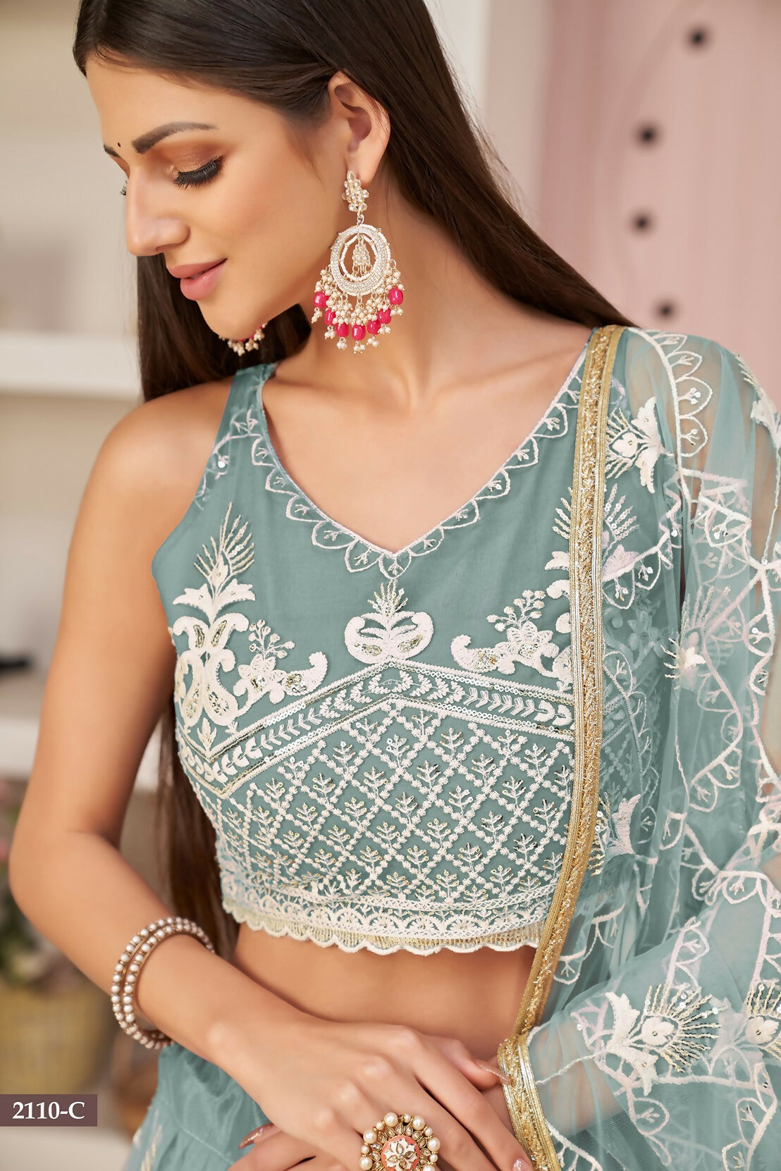 Eilara Women'S Ocean Blue Butterfly Net White Cotton Thread And Zari Sequence Embroidered Work Lehenga Choli For Wedding | Grocsy