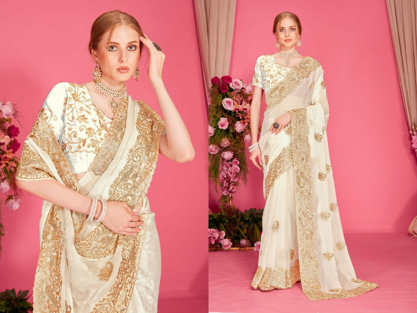 PR Fashion White Fendi Two Tone Silk Heavy Zari Embroidery Work With Heavy Zircon Work Saree | Grocsy