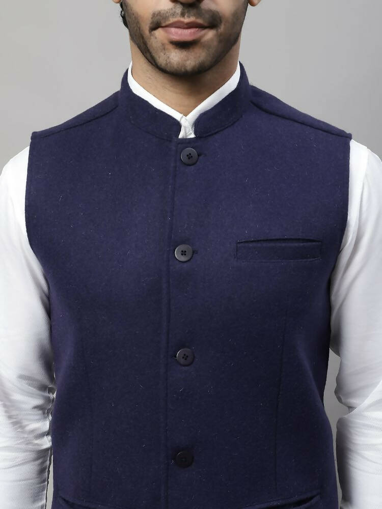 Even Apparels Pure Wool Nehru Jacket - Navy | Grocsy
