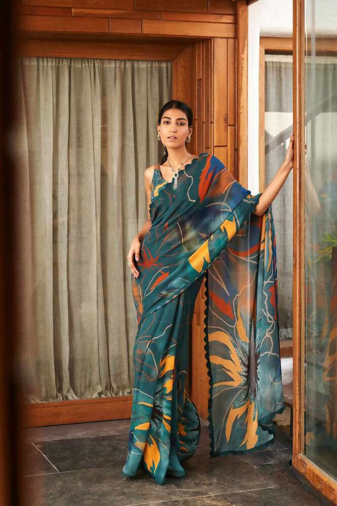 Green Bright Moss Designer Digital Printed Party Wear Saree - Be Verly | Grocsy