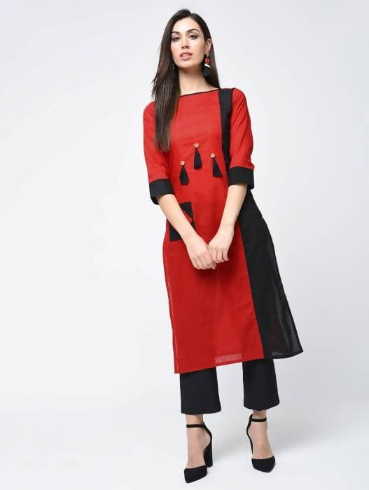 Aniyah Cotton Red Color Stylish Block Straight Kurta (AN-107K) | Grocsy