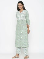 Miravan Women's Floral Jaipuri Cotton Kurta Palazzo With Tassel Set | Grocsy