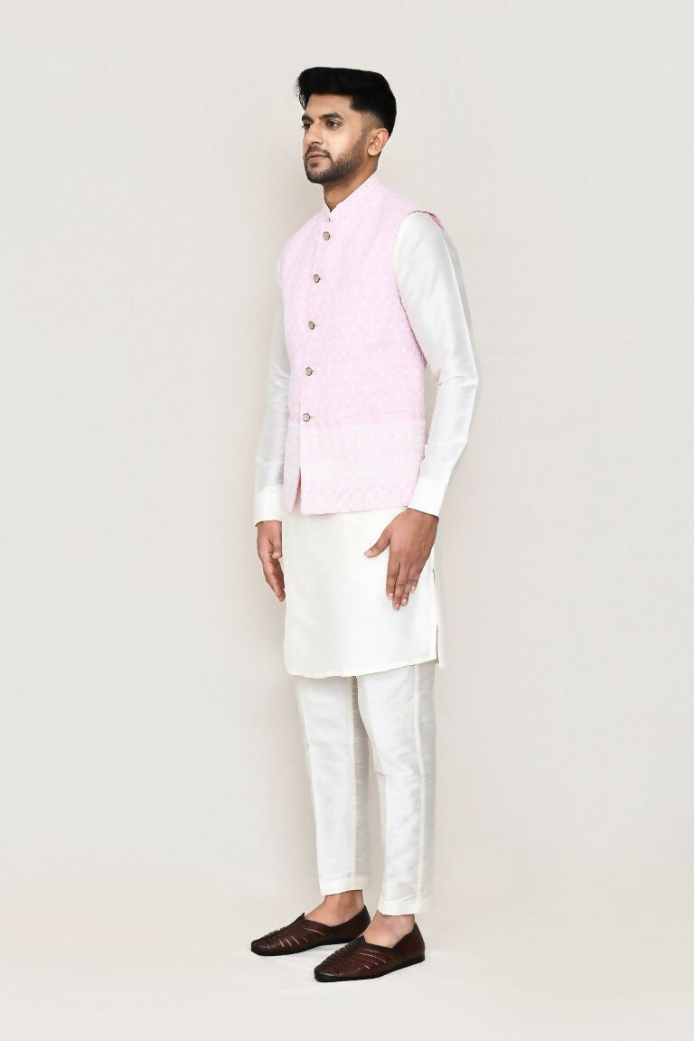 Joban Fashion White Colored Art Silk Fabric Kurta, Jacket With Straight Fit Pant | Grocsy