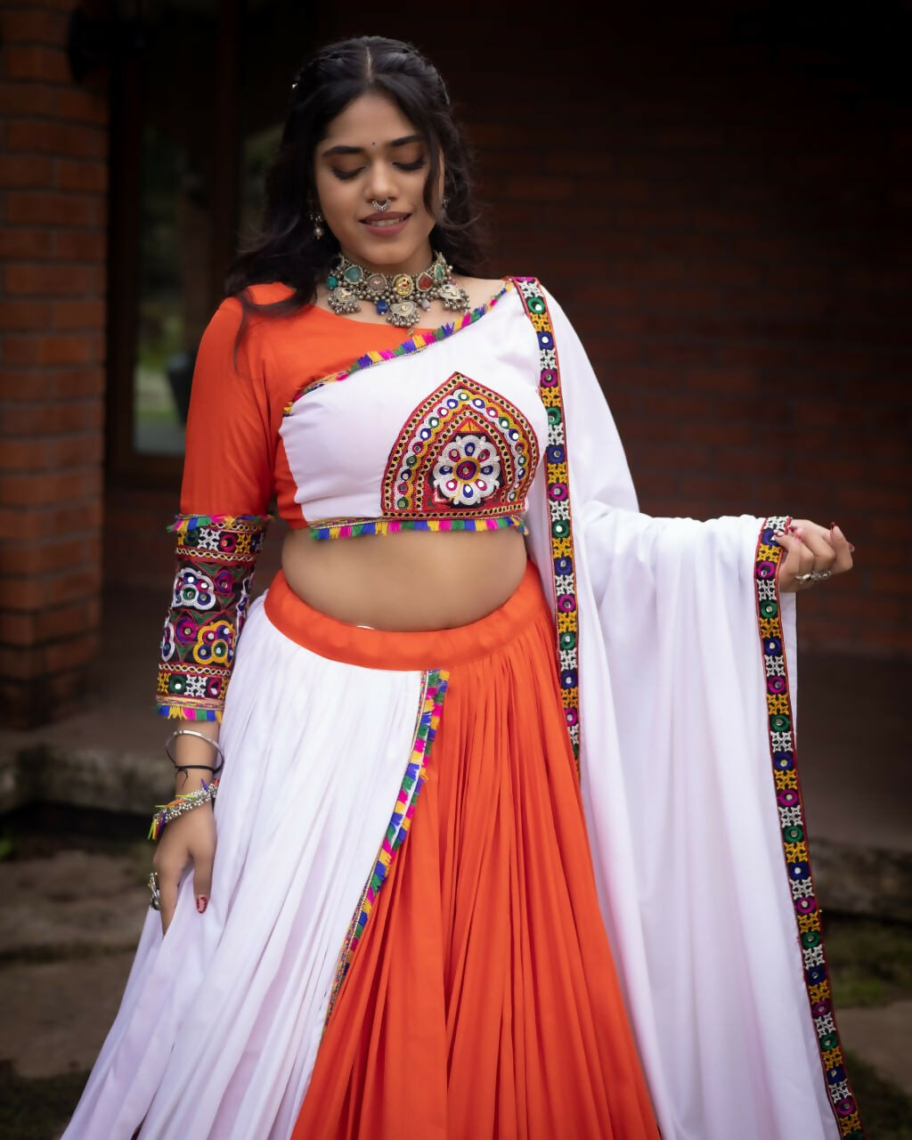 Yash Enterprise Orange Rayon Cotton Embroidery Semi Stitched Navratri Top Chaniya Choli | Grocsy