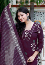 Miravan Women's Cotton Fabric Purple Kurta With Palazzo And Dupatta | Grocsy