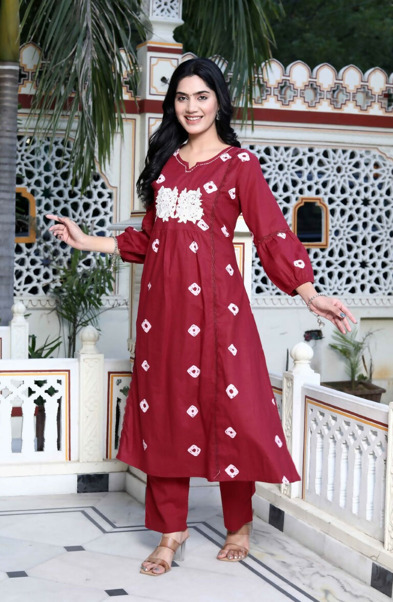 Miravan Women's Red Bandhani Printed Moti And Chikan Embroidered & Lace Work A Line Palazzo Set | Grocsy
