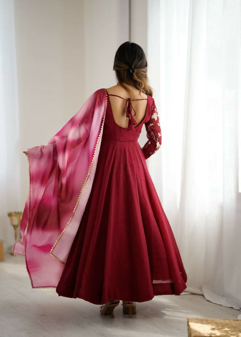 Teeya Creation Maroon Color Crunchy Silk Embroidery Work Gown | Grocsy