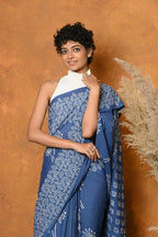 Very Much Indian Handblock Printed Cotton Saree With Natural Dyes - Cyan Blue | Grocsy