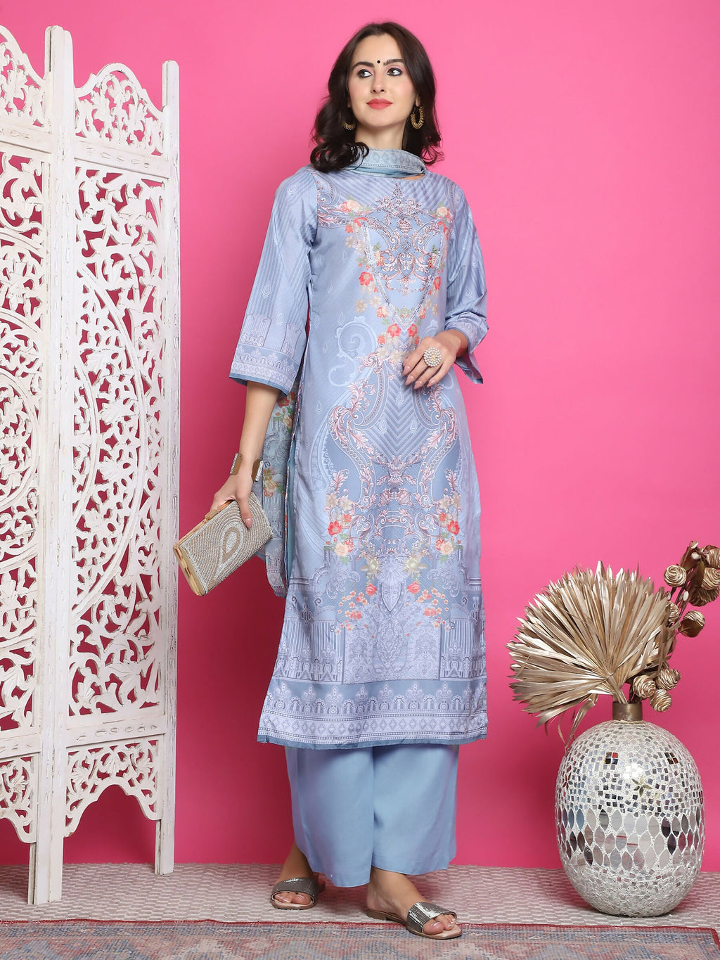 Jyoti Fashion Women's Grey Satin Traditional Digital Print with Crystal work Kurta with Trouser & Dupatta | Grocsy
