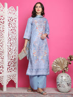 Jyoti Fashion Women's Grey Satin Traditional Digital Print with Crystal work Kurta with Trouser & Dupatta | Grocsy