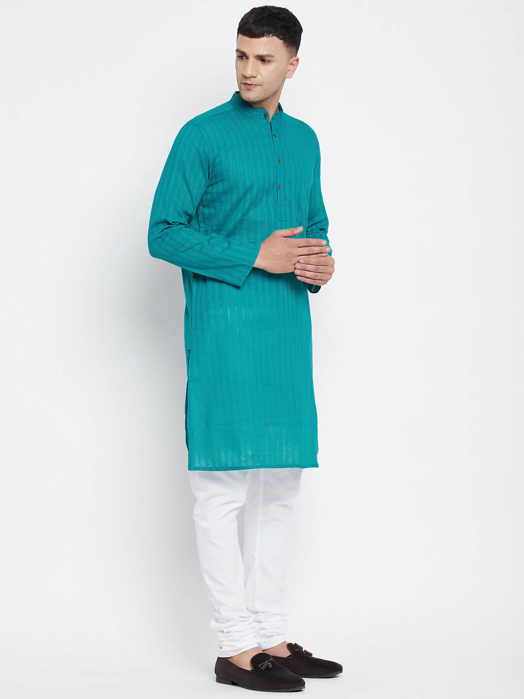 Even Apparels Green Pure Cotton Men's Kurta With Band Collar | Grocsy