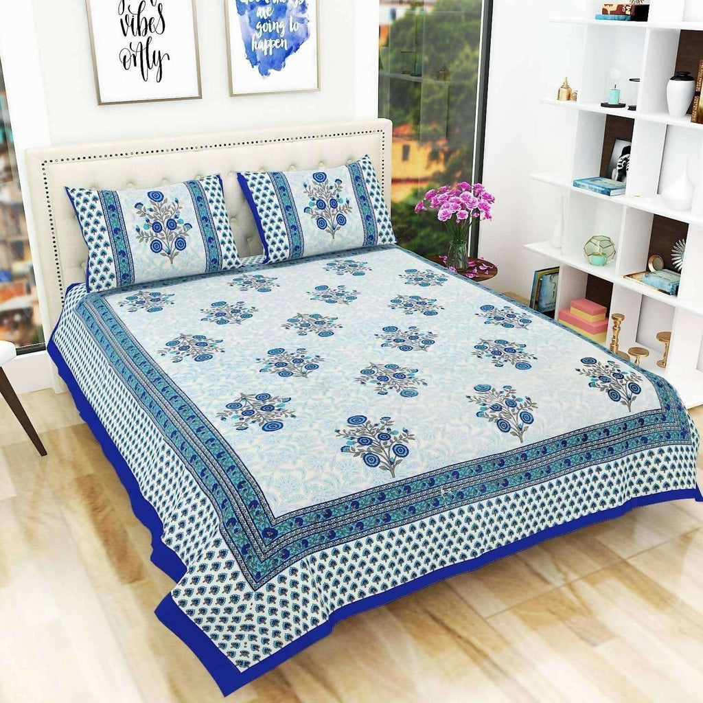 Floral Print Queen Size 90x108 Inches Jaipuri Flat Bed Sheet Bedspread with 2 Pillowcases | Grocsy