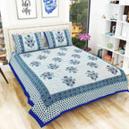 Floral Print Queen Size 90x108 Inches Jaipuri Flat Bed Sheet Bedspread with 2 Pillowcases | Grocsy